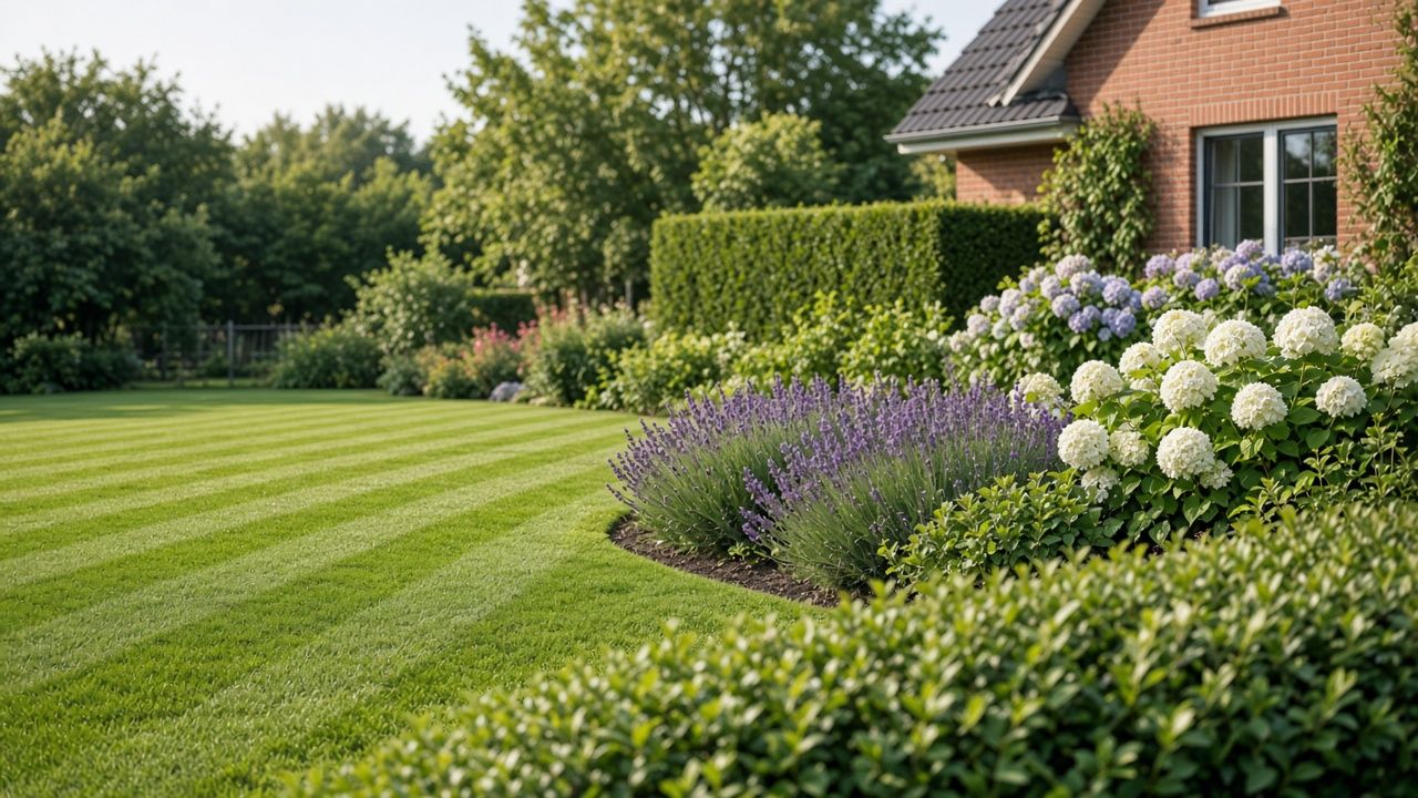 Gepflegter Garten mit sattgrünem Rasen, Hecke und Beeten